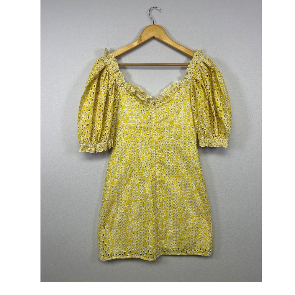 Cottagecore LINI Women XS Yellow Floral Eyelet Puff Sleeve Mini Dress Sweetheart - Picture 2 of 11